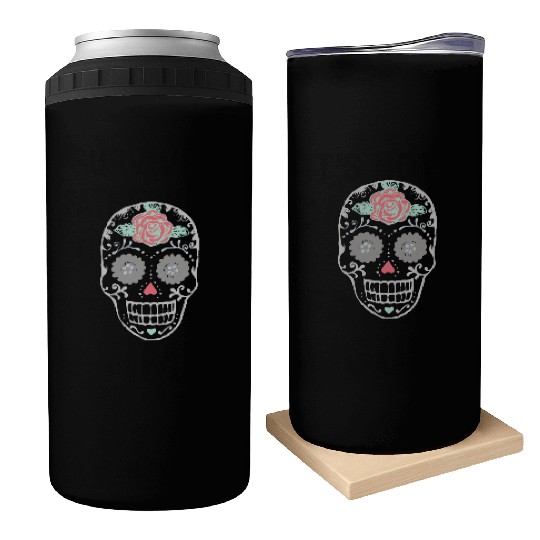 Sugar Skull With Red Rose On Forehead Can Coolers