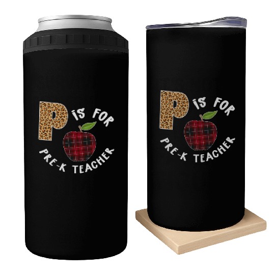 P Is For Pre K Teacher Leopard Buffalo Plaid T Can Coolers