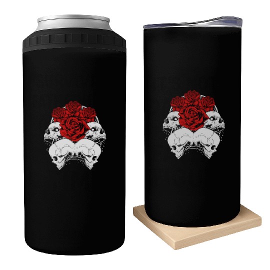 Gothic Can Coolers, Skull Red Roses Goth Vintage Grunge