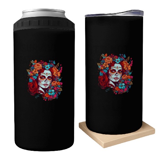Dia de los muertos woman sugar skull with flowers Can Coolers