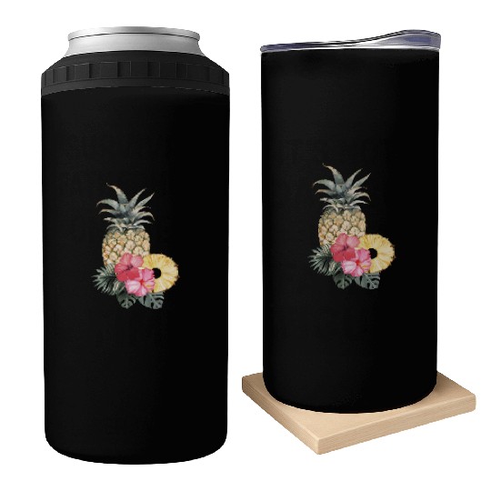 Pineapple With Pink Hibiscus And Tropical Leaves Can Coolers