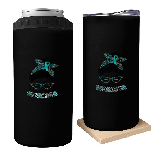 Cervical Cancer Warrior Messy Bun Girl Design Can Coolers