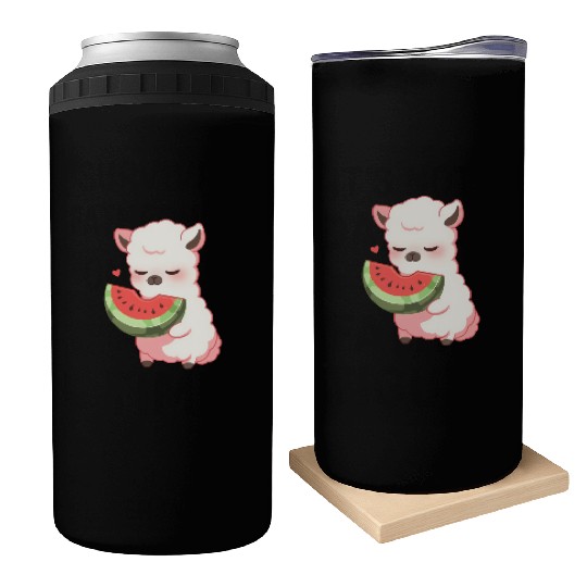 Adorable Kawaii Llama Savoring Sweet Watermelon Can Coolers