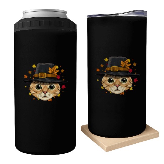 Thanksgiving Cat Pilgrim Can Coolers