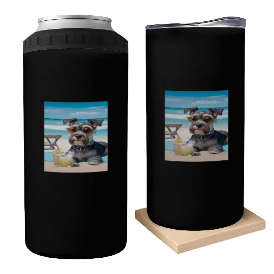 Schnauzer Chilling at the Beach with a Drink Can Coolers