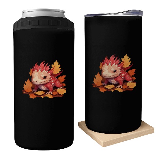 Autumn Axolotl: Colorful Leaves and Dragon Motif Can Coolers