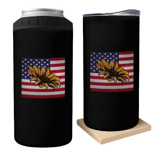 Sunflower Gardening Us Flag Can Coolers
