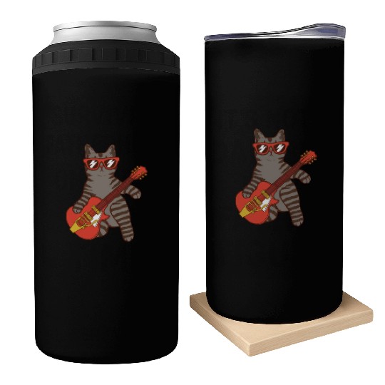 Rock Cat Playing Guitar - Funny Guitar Cat Can Coolers