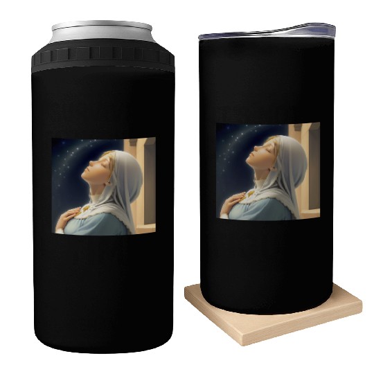 Virgin Mother Mary Praying on a Starry Night Can Coolers