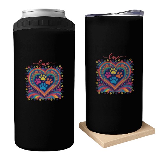 Rainbow Heart Love paw prints Can Coolers