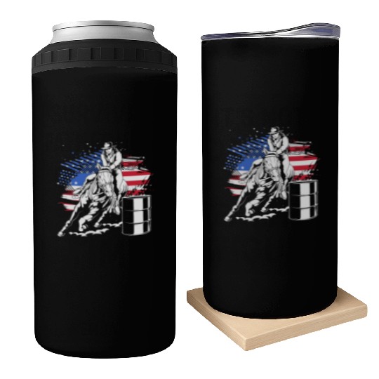 Retro American Flag Cowgirl Horse Barrel Racing Can Coolers