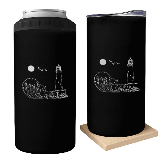 sea waves seagulls gift full moon lighthouse Can Coolers