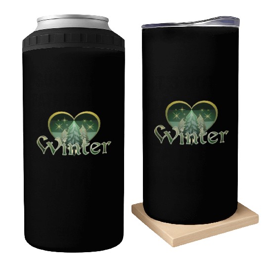 Winter Heart Evergreen Retro Sunset Can Coolers