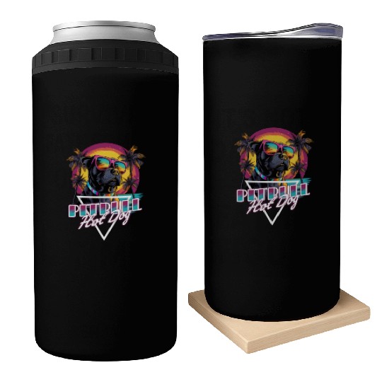 Retro Wave Pitbull Terrier Hot Dog Can Coolers