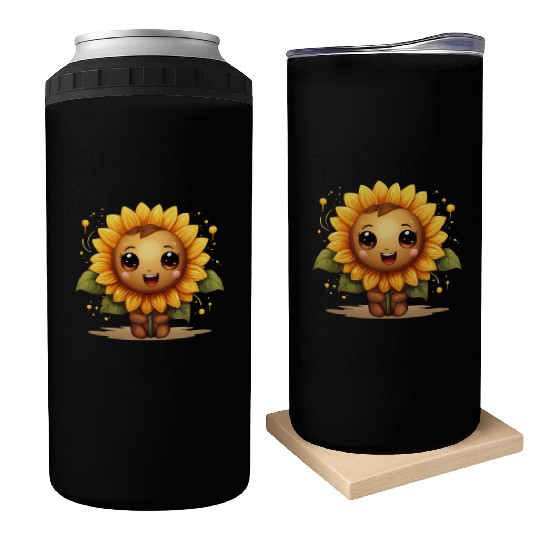 A cute kawaii style sunflower with a smiling face Can Coolers