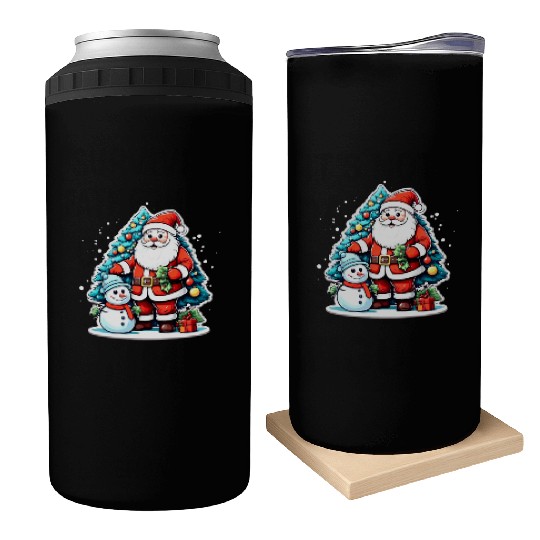Santa Claus with Snowman and Decorated. Can Coolers