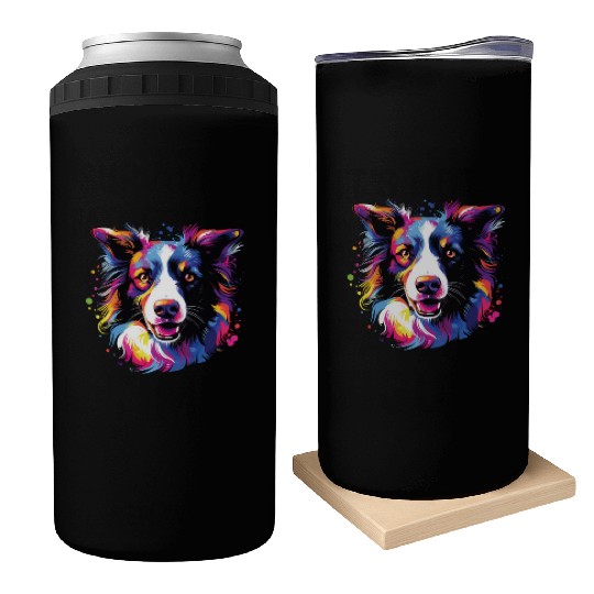 Watercolor Colorful Border Collie Can Coolers