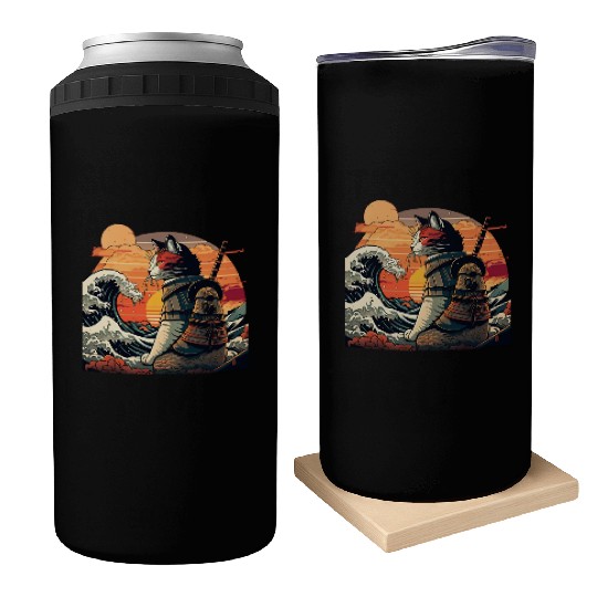 Samurai Cat vs The Great Wave Can Coolers