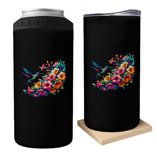 Hummingbird and Hibiscus Blossom Art Can Coolers