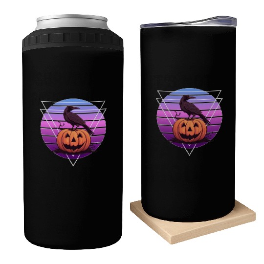 Raven Crow On Pumpkin Vaporwave Halloween Pagan Ae Can Coolers
