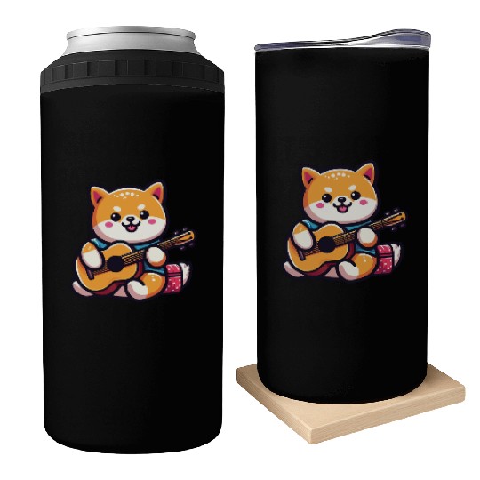 Cute Shiba Inu Playing Guitar Geek Cartoon Can Coolers