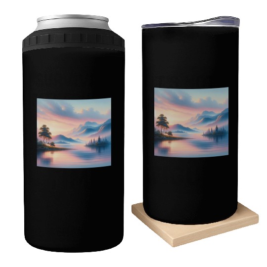 Sunrise Serenity Lakeside Tranquility in Pastel Can Coolers