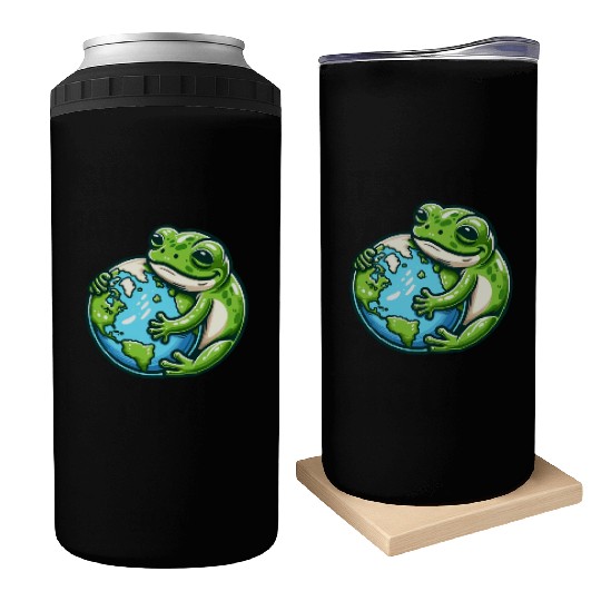 Frog Embracing Earth: Earth Day Can Coolers