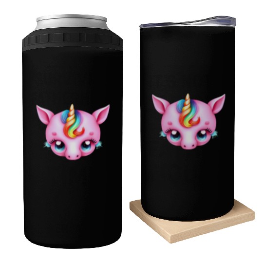 Pink Baby Rainbow Unicorn Head Can Coolers