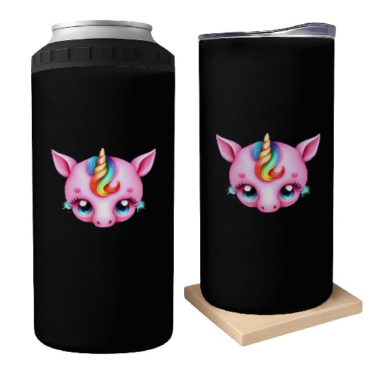Pink Baby Rainbow Unicorn Head Can Coolers