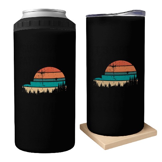 Retro Evergreen Sunset Stepped Circle Design Can Coolers