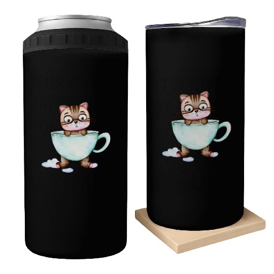 Surprised Silly Cat Wearing Coffee Cup Can Coolers