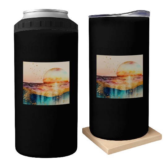 Sunset Beach Watercolor Painting Can Coolers