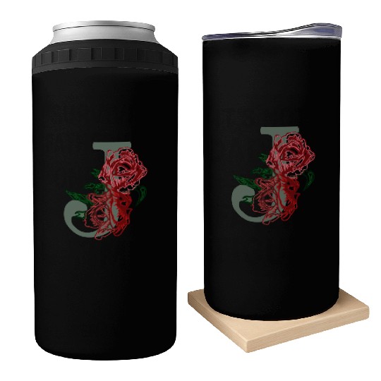 Capital letter J monogram and contour rose flowers Can Coolers
