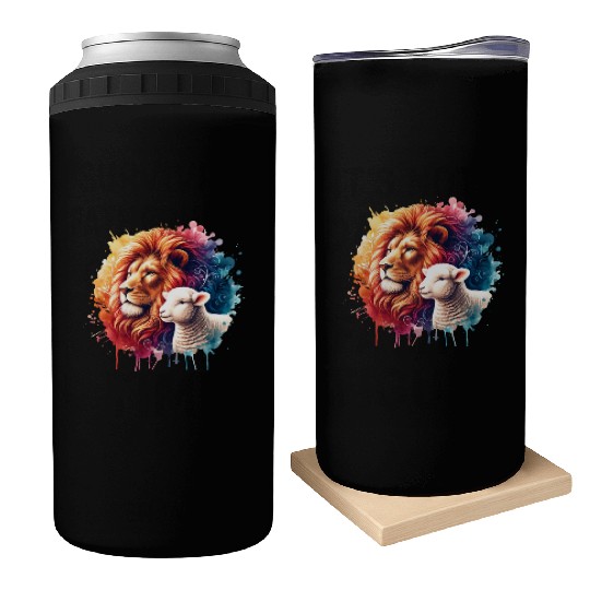 Lion and Lamb Christian Watercolor Design Can Coolers