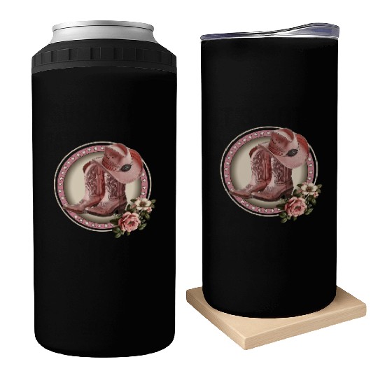 PINK COWGIRL BOOTS, PINK COWGIRL HAT RETRO WESTERN Can Coolers