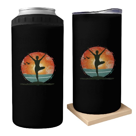 Sunset Yoga Silhouette Peaceful Scene Can Coolers