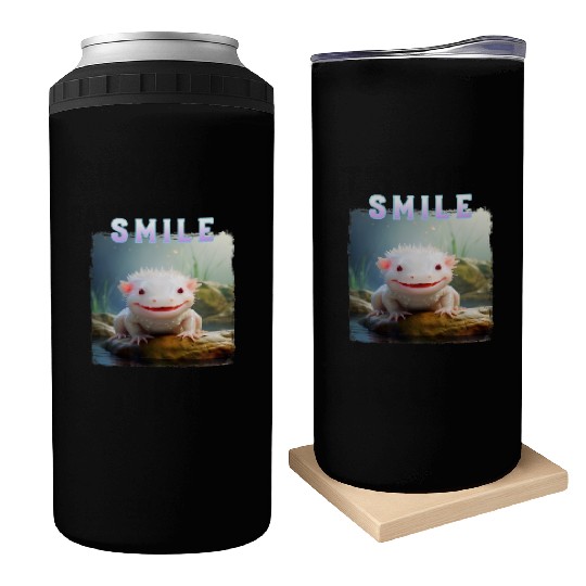 Whimsical Axolotl with Smile and Pastel Text Can Coolers