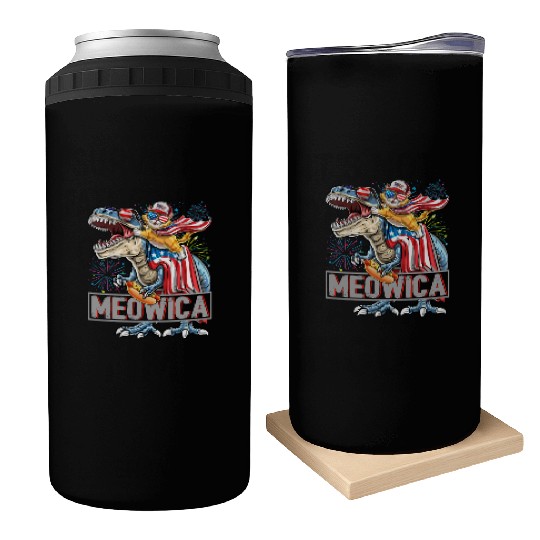 Meowica Cat T-Rex Dinosaur 4th of July US Flag Can Coolers