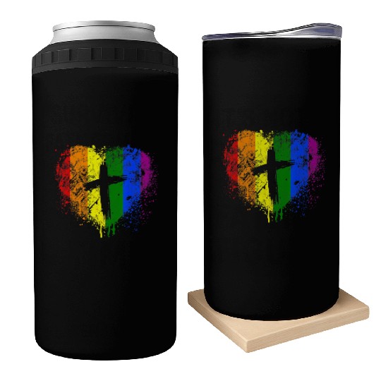 Rainbow Heart with Cross Gay Pride LGBT Christian Can Coolers