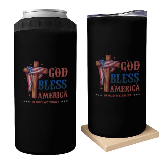 God Bless America Proud Retro US Flag 4th Of July Can Coolers