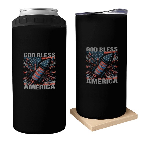 God Bless America Retro US Flag Funny Fireworks Can Coolers