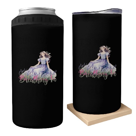 Girl in Lavender Dress Relaxing in Flower Field Can Coolers