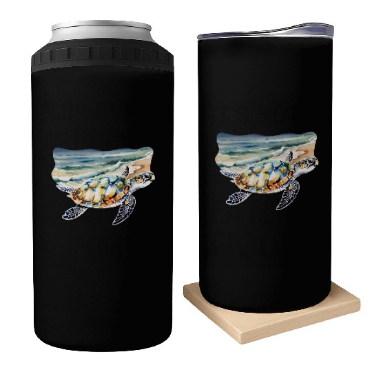 Sea Turtle at the Beach in Watercolor Can Coolers