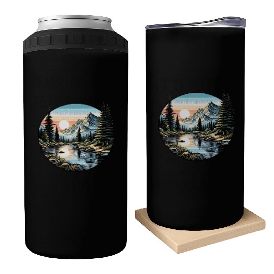 Tranquil Mountain Sunrise: Serene Landscape Art Can Coolers