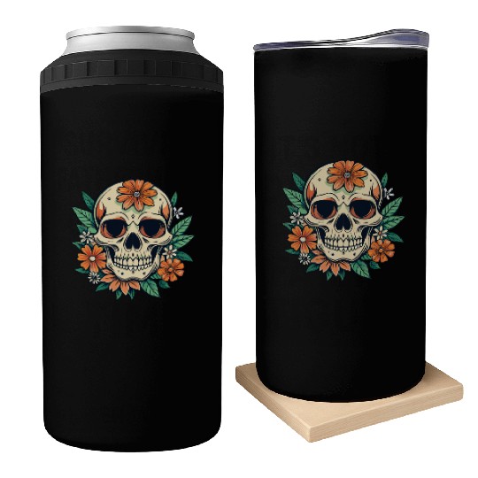 Vintage Retro Halloween Sugar Skull with floral Can Coolers