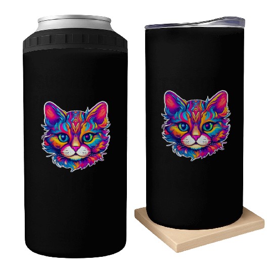 Psychedelic Cat - Groovy Neon Feline Can Coolers