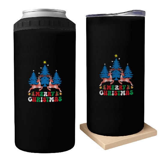 Pretty Wintery Buffalo Plaid Reindeer Merry Christ Can Coolers