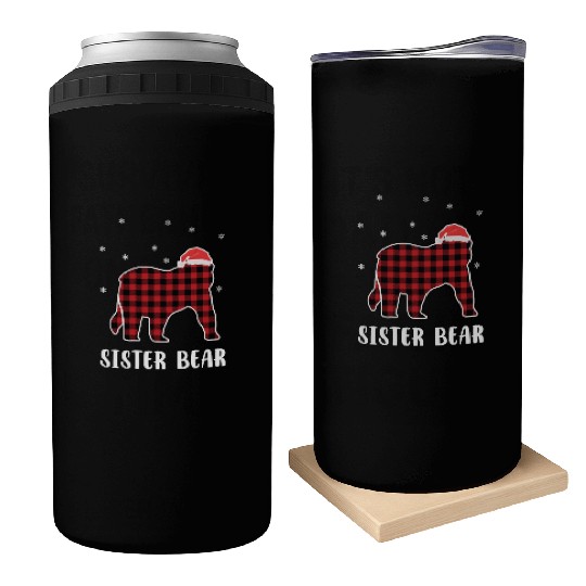 Red Plaid Bear Christmas Pajama Sister Matching Can Coolers