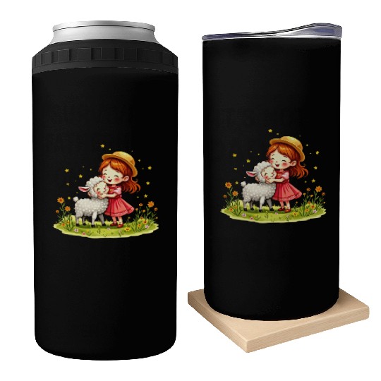Girl Hugging a Cute Sheep Can Coolers