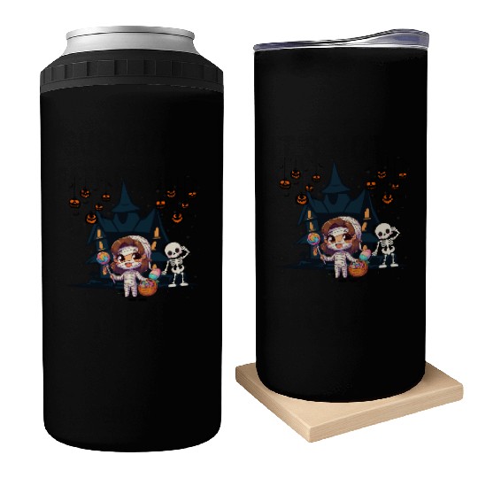 Friendly mummy and skeleton illustration Can Coolers